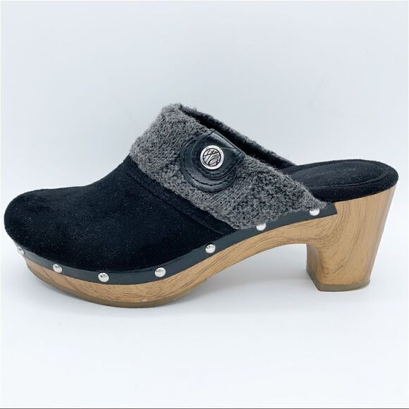 Style & Co Wooden‎ Heeled Black Suede Clog with Knitted Trim and Silver Tag - Picture 5 of 13